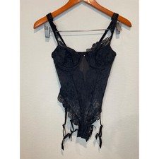 NWT Victoria's Secret Black Lace Garter Strap Thong Teddy