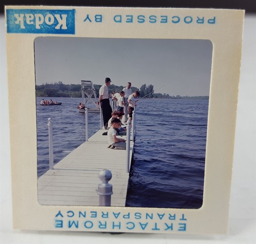 1966 Boys Fishing Lake off a Pier Ektachrome 127 Color Slide - Picture 2 of 2