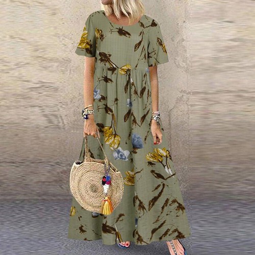 Womens Plus Size Short Sleeve Summer Floral Boho Maxi Dress Kaftan Long Sundress - 第 10/21 張圖片