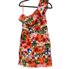 Eliza J Orange & Pink Floral One Shoulder Dress | Condition Good