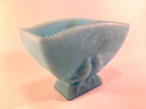 FENTON Blue Satin Glass Lovebirds Planter Vase Scalloped Fan w/ Sticker