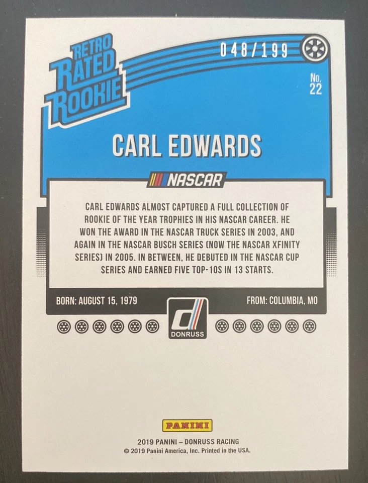 2019 Donruss Nascar Racing Retro Rated Rookies #22 Carl Edwards Black 048/199 - Image 2 of 2