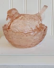 Vintage Bird On Nest Pink Depression Glass Candy Dish Trinket Box