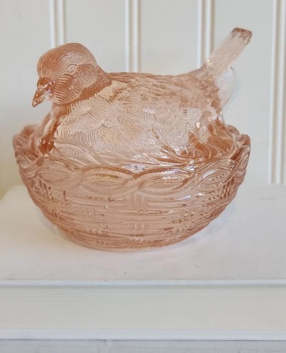 Vintage Bird On Nest Pink Depression Glass Candy Dish Trinket Box