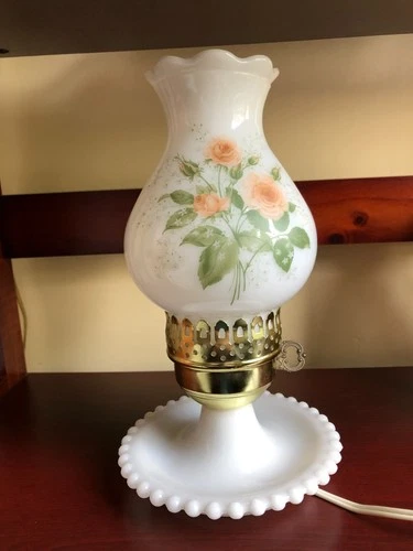 VINTAGE WHITE MILK GLASS HOBNAIL BOUDOIR HURRICANE LAMP HAND PAINTED WORKS GREAT