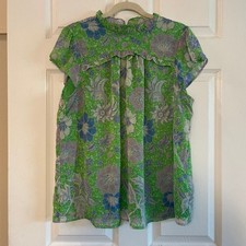 Joie Green Pleat Femme Floral Blouse Cap Sleeves Ruffle Crew Neck size XL