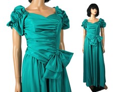 80s Prom Gown Sz XS Vintage Long Puff Sleeve Teal Blue Green Bow Accent Dress