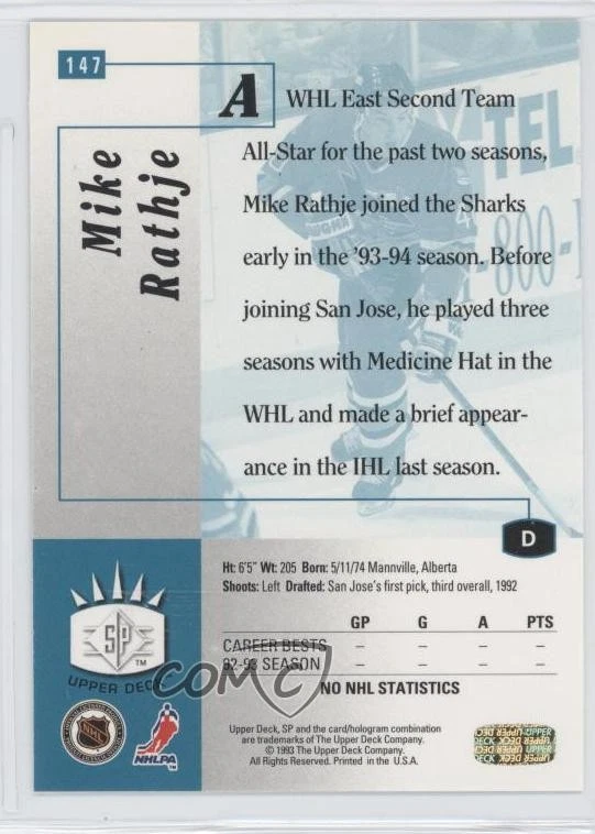 1993-94 Upper Deck SP Insert Mike Rathje #147 - Image 2 of 2