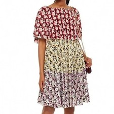 Valentino Colorblock Floral Pleated Dress Red Yellow Purple Cape Capelet S
