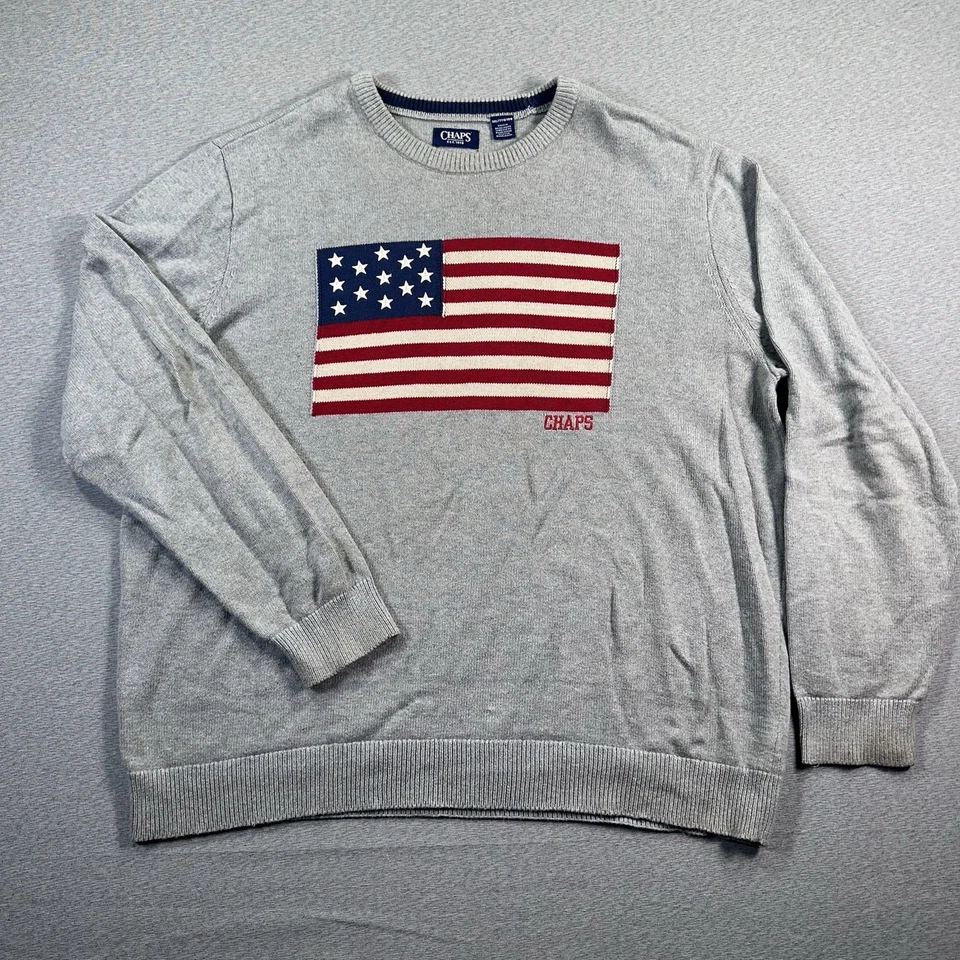 Suéter De Colección CHAPS Ralph Lauren Para Hombres 2XL Gris Bandera de Estados Unidos Cuello Redondo Y2K Foto 2 de 4