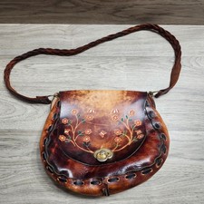 Vintage Mexican Hand-Tooled Leather Floral Crossbody Bag Brown Boho