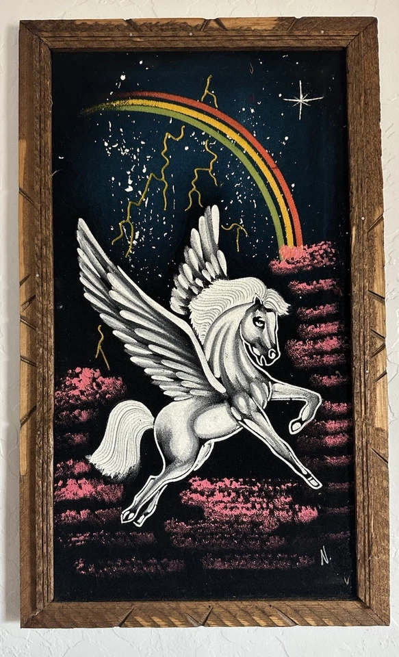 PINTURAS UNICORNIO TERCIOPELO NEGRO VINTAGE AÑOS 70 ENMARCADAS impresión artística 21,5x13,5 Foto 2 de 4