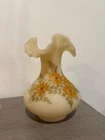 VintageFenton Satin Custard Glass Hand Painted Ruffled Floral Vase Artist Signed