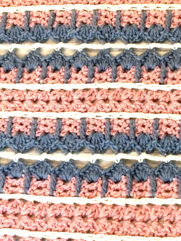 Manta bebé ganchillo hecha a mano rosa azul blanco rayas tiro afgano 52x52 Foto 2 de 4