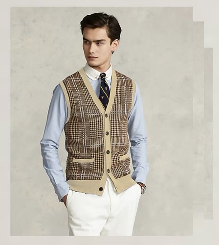 Polo Ralph Lauren Plaid Sweater Vest M Cotton Linen Cashmere Blend Herringbone - Picture 2 of 8