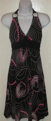 VANITY juniors sz S SMALL black pink white circle polka dot halter dress CUTE u2