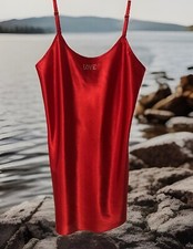 Lingerie Slip Nightgown Red Satin Med Adj Sequin Straps Sequined Love Vintage