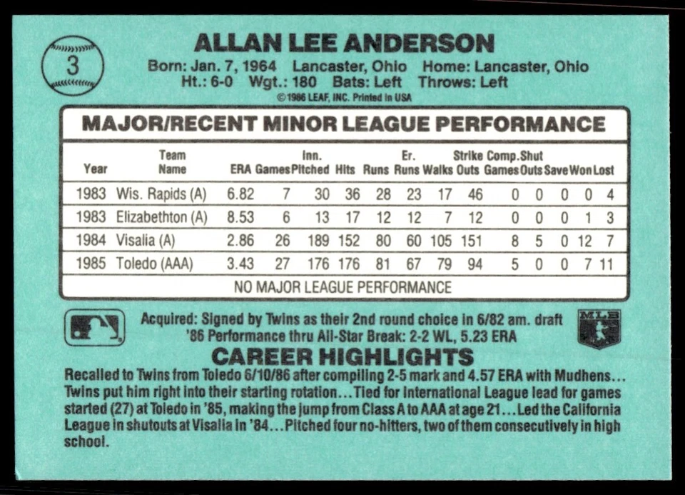 1986 Donruss The Rookies Allan Anderson Minnesota Twins #3 - Image 2 of 2