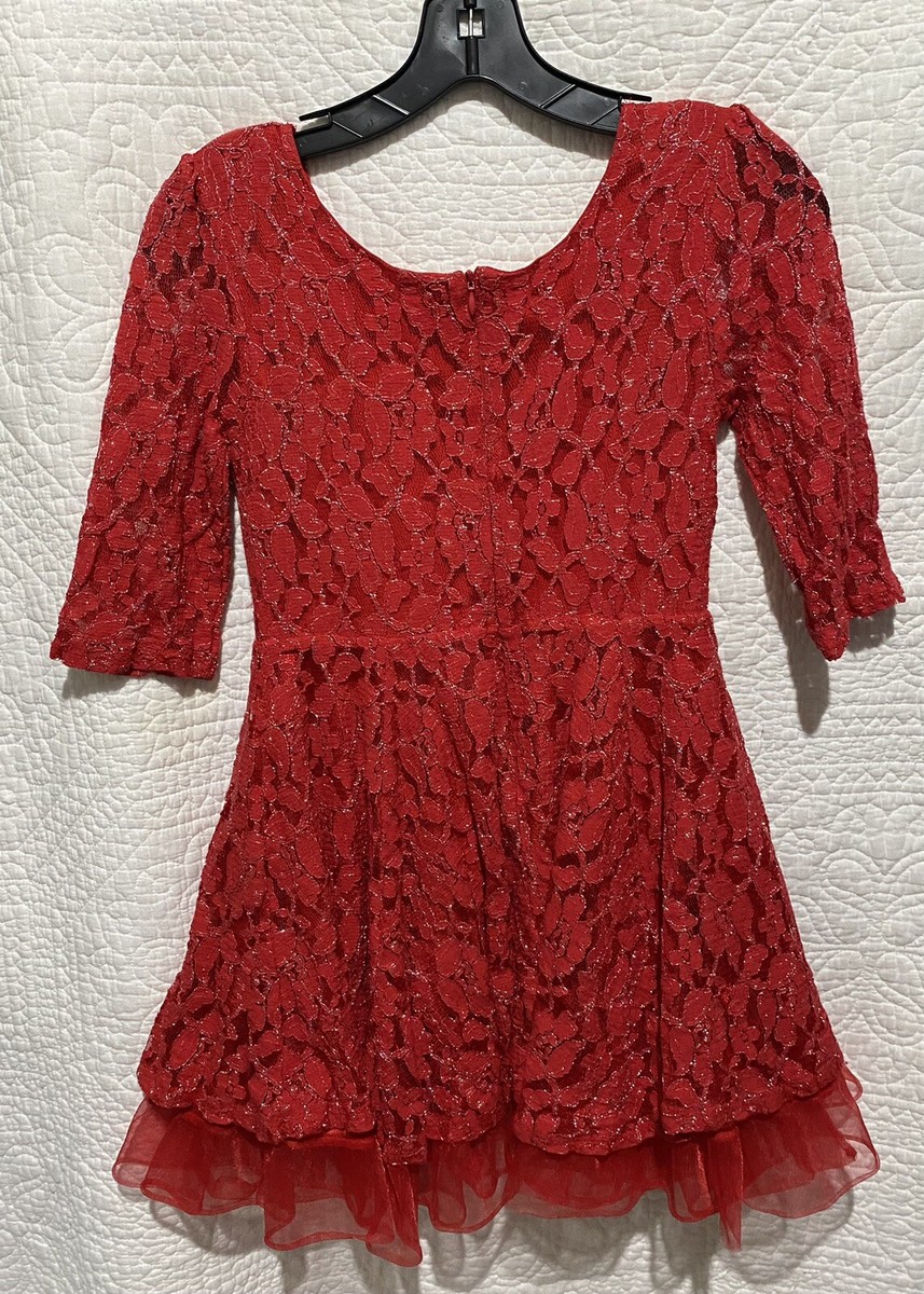 Girls Beautees Size 12 Red Dress With Floral Lace Overlay Lined With A  Crinoline