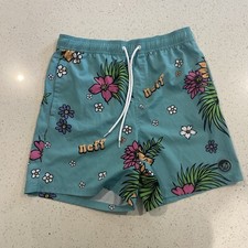 Neff Board Swim Shorts Blue Hawaiian Floral Drawstring Waist Pocket Mens Large
