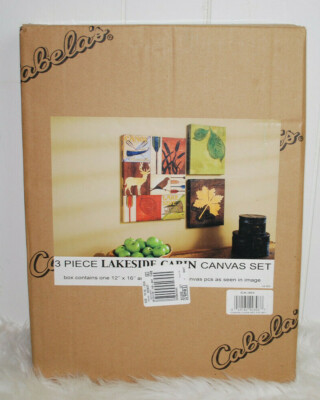 Cabela's Canvas Lodge Art 3PC Set Lakeside Cabin Canoe Deer Bird Leaf Arrows NEW