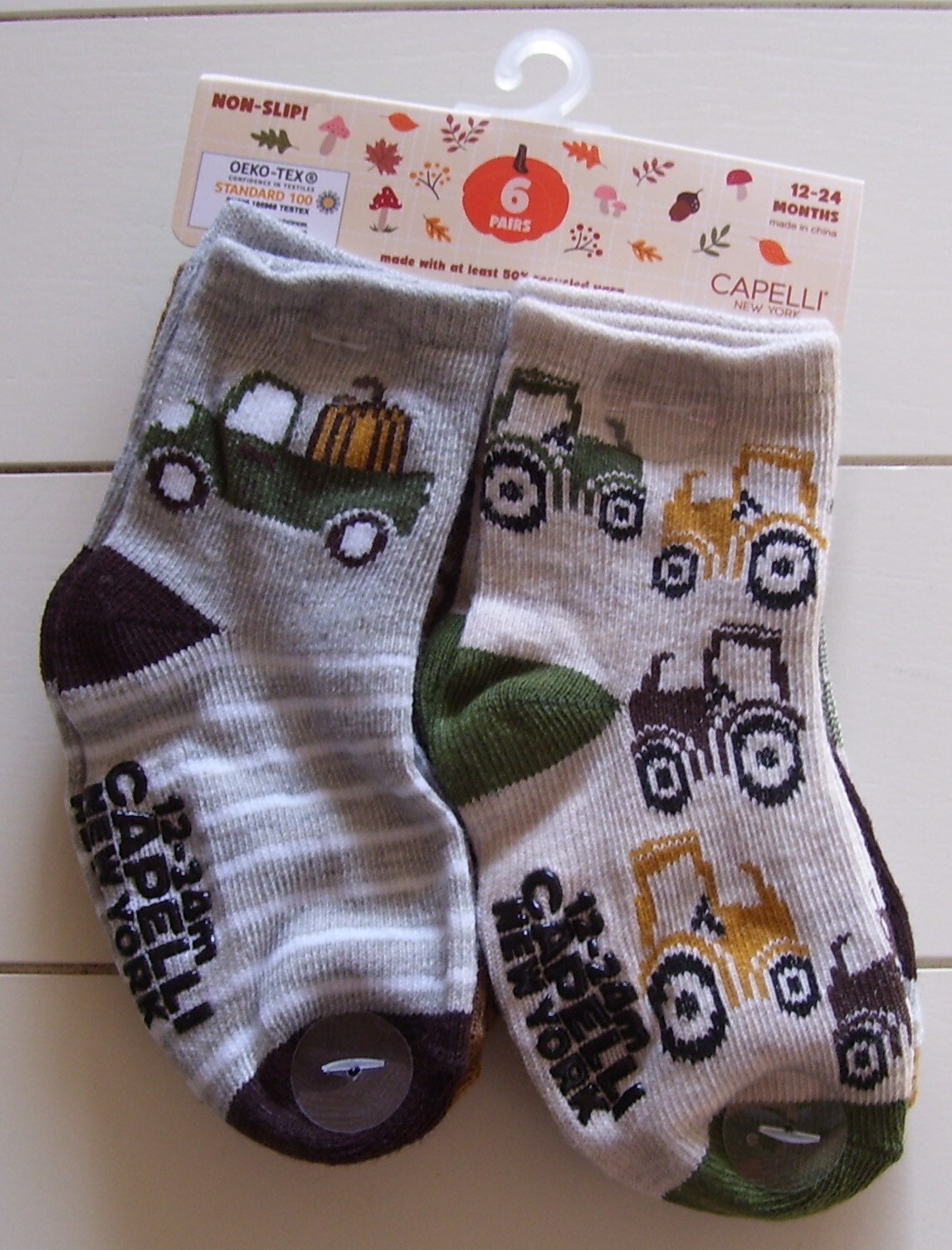 Capelli NY 6 Pair Non-Slip FALL Thanksgiving Pumpkin Truck Tractor Socks 12-24M
