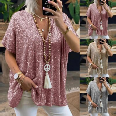 Womens Sequin Glitter V Neck Tops Ladies Clubwear Evening Party Blouse T-Shirt