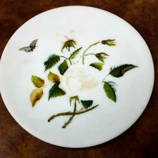 Handpainted Frosted Glass White Rose Decorative Plate 8"