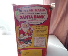 VNTG 60s Trim A Tree Noel Mechanical Animated Tin Santa Chimney Bank Toy In Box