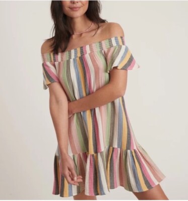MARINE LAYER Shirley Rainbow Stripe Off Shoulder Ruffle Hem Mini Skirt Dress S