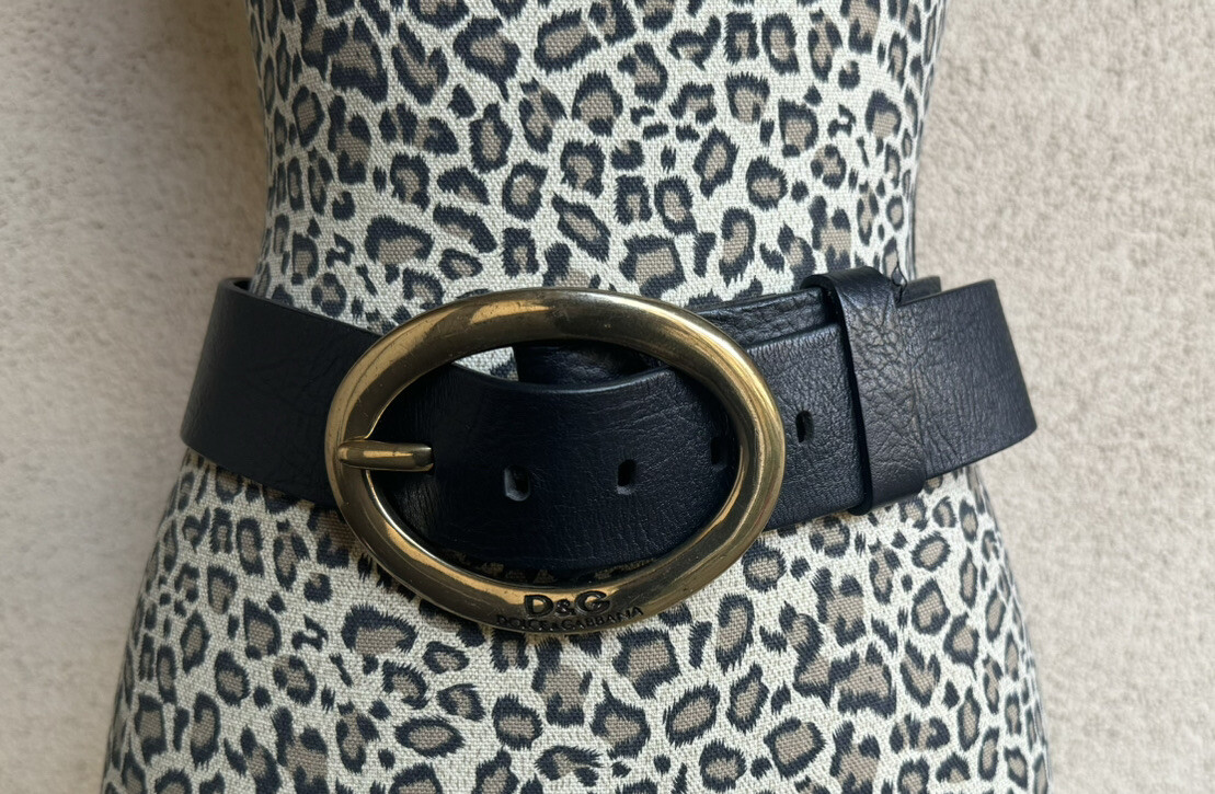 Vintage D&G Dolce&Gabbana Belt Black Leather Brass Gold Logo