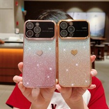 For iPhone 15 Pro Max 14 13 12 11 Glitter Sparkle Love Heart Lens Protector Case