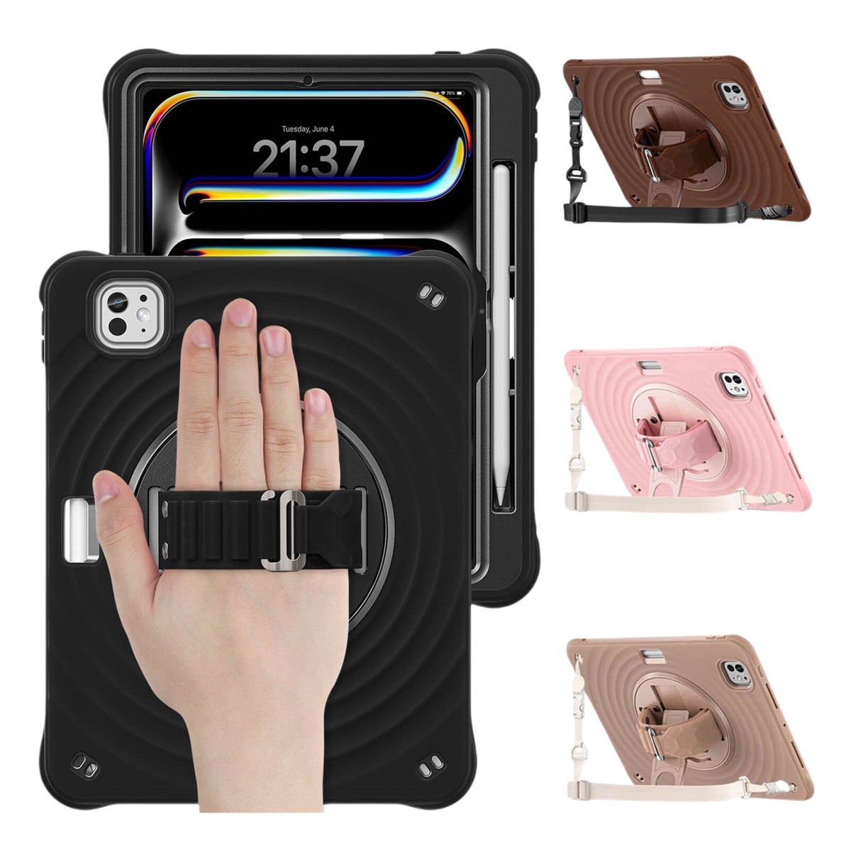 Ripple Shockproof Silicone Hand Strap Stand Case Cover for iPad