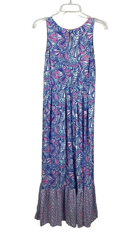 Girl's XL Lilly Pulitzer Maxi Dress Blue Pink Sleeveless Ruffle R13 - Image 4 of 4