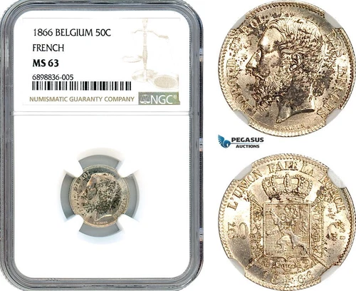 AK088, Belgium, Leopold II, 50 Centimes 1866, French text, Silver, NGC MS63