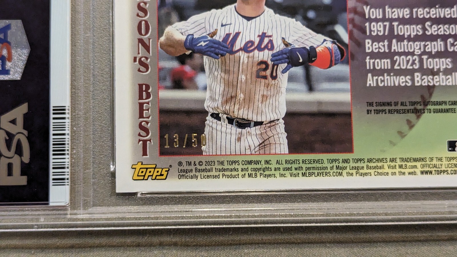 Pete Alonso Autograph SSP - 2023 Topps Archives Seasons Best Gold #/50 PSA 9 view 5