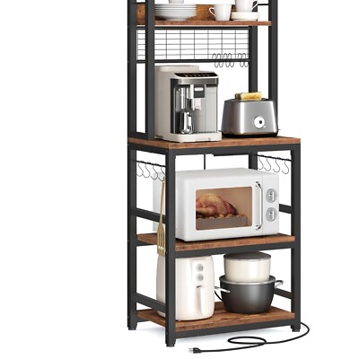 Elegant 5-Tier Baker's Rack with Power Outlet - Rustic Brown Kitchen Storage