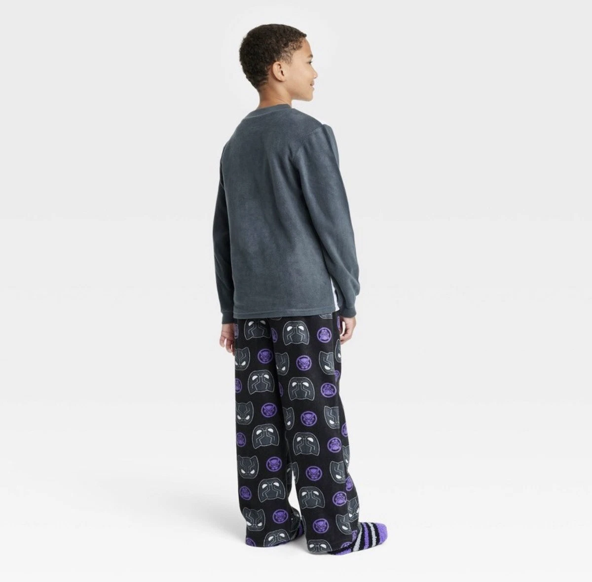 Boys' Marvel Black Panther Pajama Set with Cozy Socks Size L 12/14 Gray