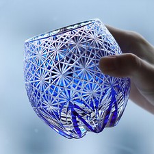 Whisky Glass Tumbler Japanese Style Edo Kiriko Glass Hand Cut To Clear 11oz Blue