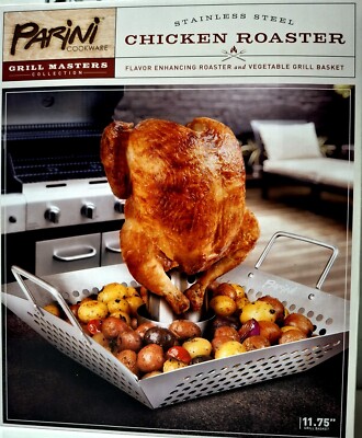Grill Master Stainless Steel Parini BBQ Stainless Steel Chicken Roaster 3 pc New