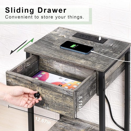 2-Tier Nightstands w/ Charging Station & Drawer Side Table Living Room End Table