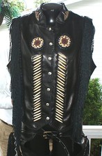 Tribal America Beaded Womens Leather Motorcycle Vest / Chaps 16 Size Fringe