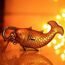 Antique Look Fish Design Functional Brass Padlock with 2 Keys Golden