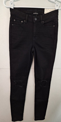 AMERICAN EAGLE Next Level Stretch Hi-Rise Jegging Black 4R 27W NWT  Destructed