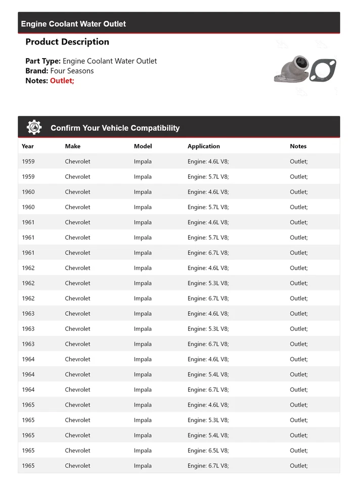 For 1959-1965 Chevrolet Impala Engine Coolant Water Outlet 4 Seasons 1960 1961 - Image 2 of 4