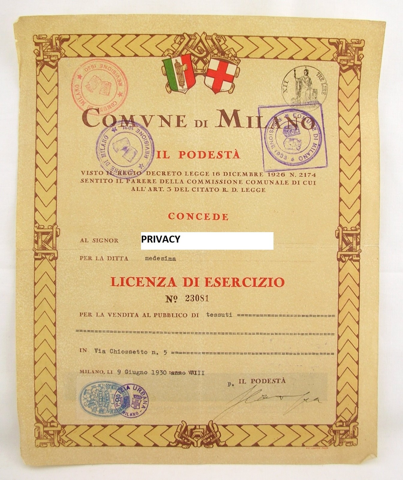 PODESTA' MILANO LICENZA ESERCIZIO VENDITA TESSUTI 1930