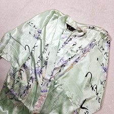 Vintage Style Japanese Kimono Robe Silk Light Green Floral Calligraphy Long Robe