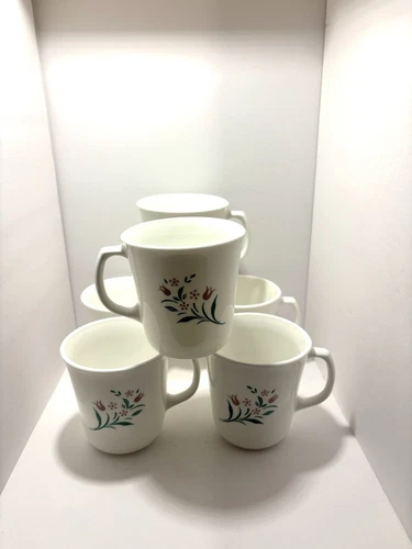 Set of 6 Corning Rosemarie Coffee Mugs Pink Tulip Flowers Microwave Safe