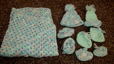 Lot 9 CUTE Vintage Crochet Pink Green Blue Variegated Yarn Hats,Booties ,Blanket