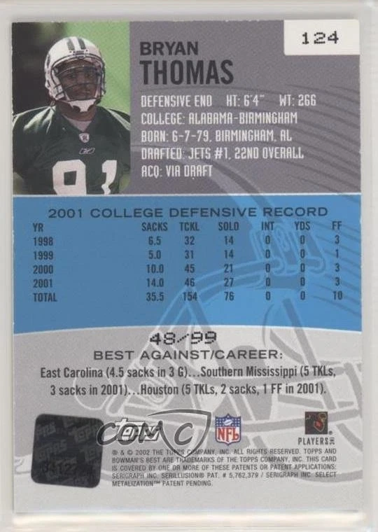 2002 Bowman's Best Gold /99 Bryan Thomas #124 Rookie Auto RC - Image 2 of 2